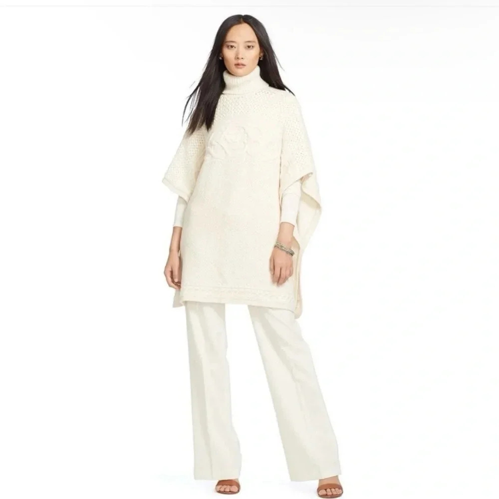 Lauren Ralph Lauren Old Money Preppy Wool Alpaca Blend Cable Knit Poncho